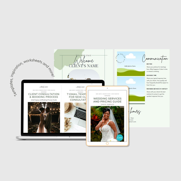 Canva Plug and Play Initial wedding client consultation bundle.  Get a canva welcome guide template, pricing and service guide template, 7 email templates for initial consultation, and a guide to new client booking process.